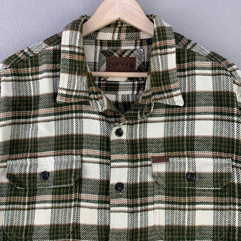Orvis Flannel Shirt Jacket Mens Large Green Plaid Cotton Pockets Heavy Shacket
